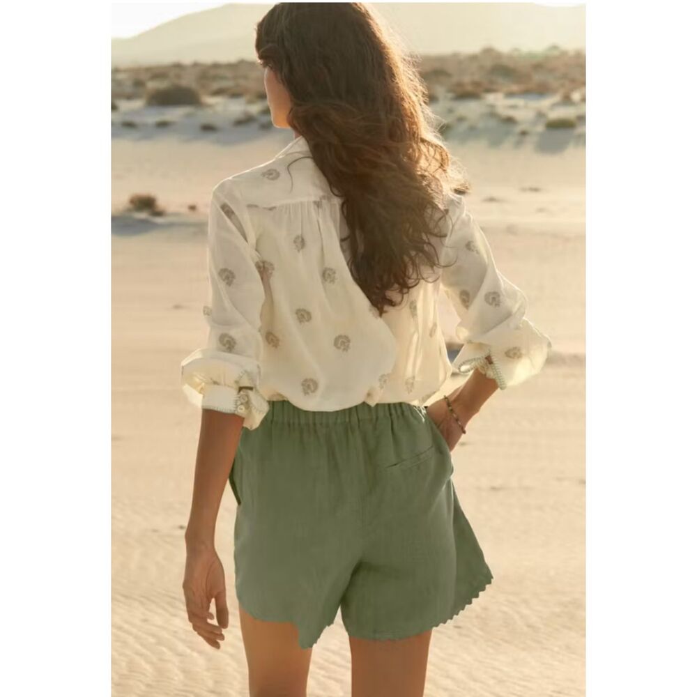 Wrap London Shirring Detail Cotton Shirt Ecru Sage Embroidered Blouse Sz 10 - Picture 10 of 10